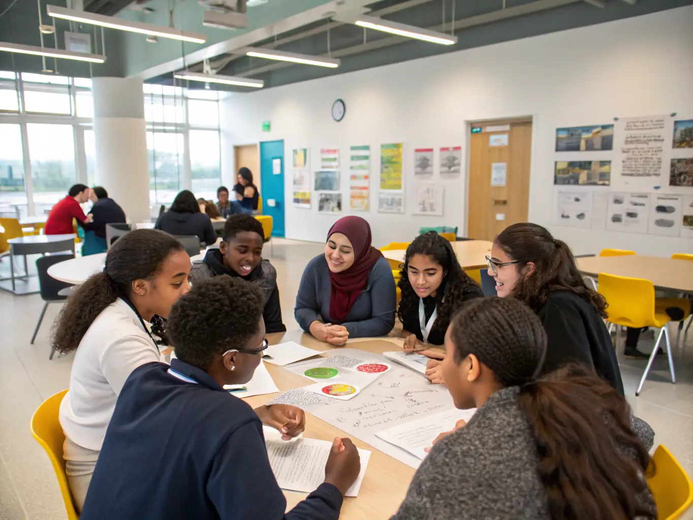 A bright and inviting classroom setting with students of diverse backgrounds actively participating in a German language lesson, showcasing the collaborative and supportive learning environment at Leverkusener Bildungs Center e.V.