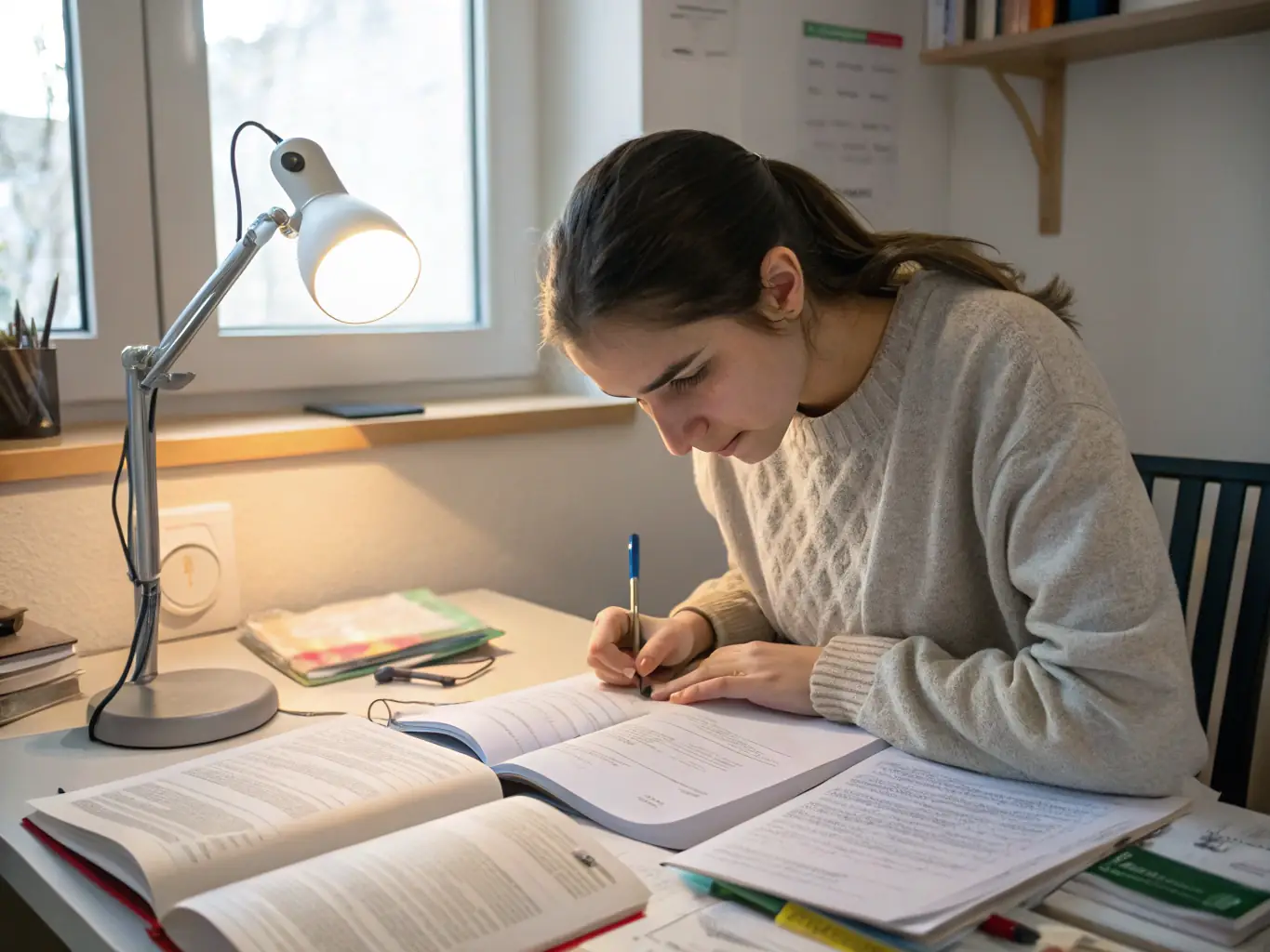 A focused student diligently working on a language exercise in a basic German course, surrounded by textbooks and learning materials, in a quiet study area at Leverkusener Bildungs Center e.V.