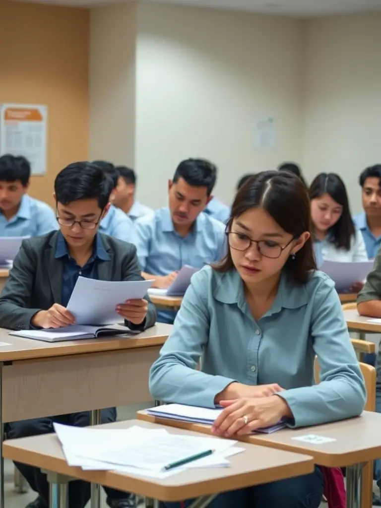 A group of diverse people taking a German language test, with the DTZ logo prominently displayed.